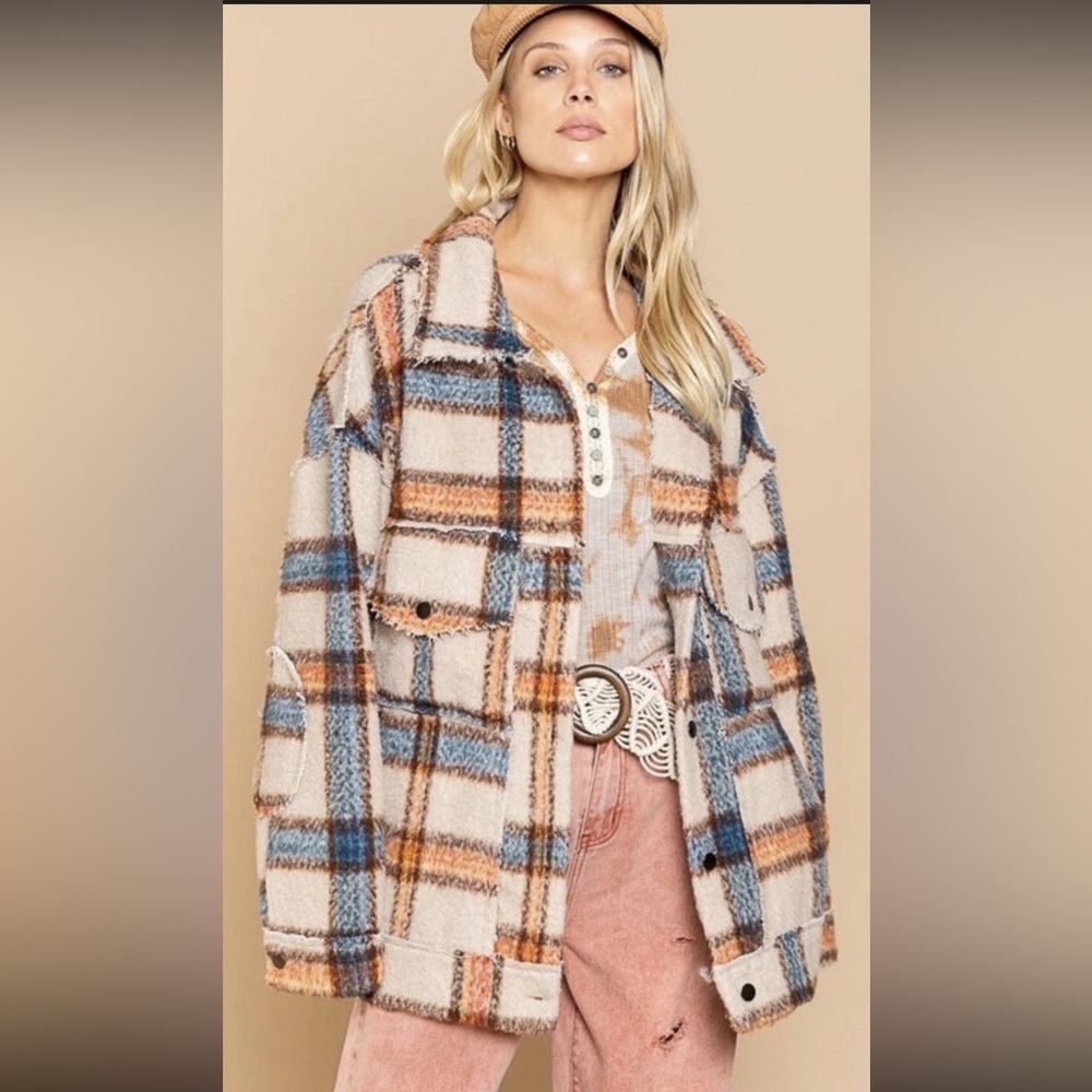 NEW Anthropologie POL Womens Beige Multi Buffalo Plaid coat oversized Large